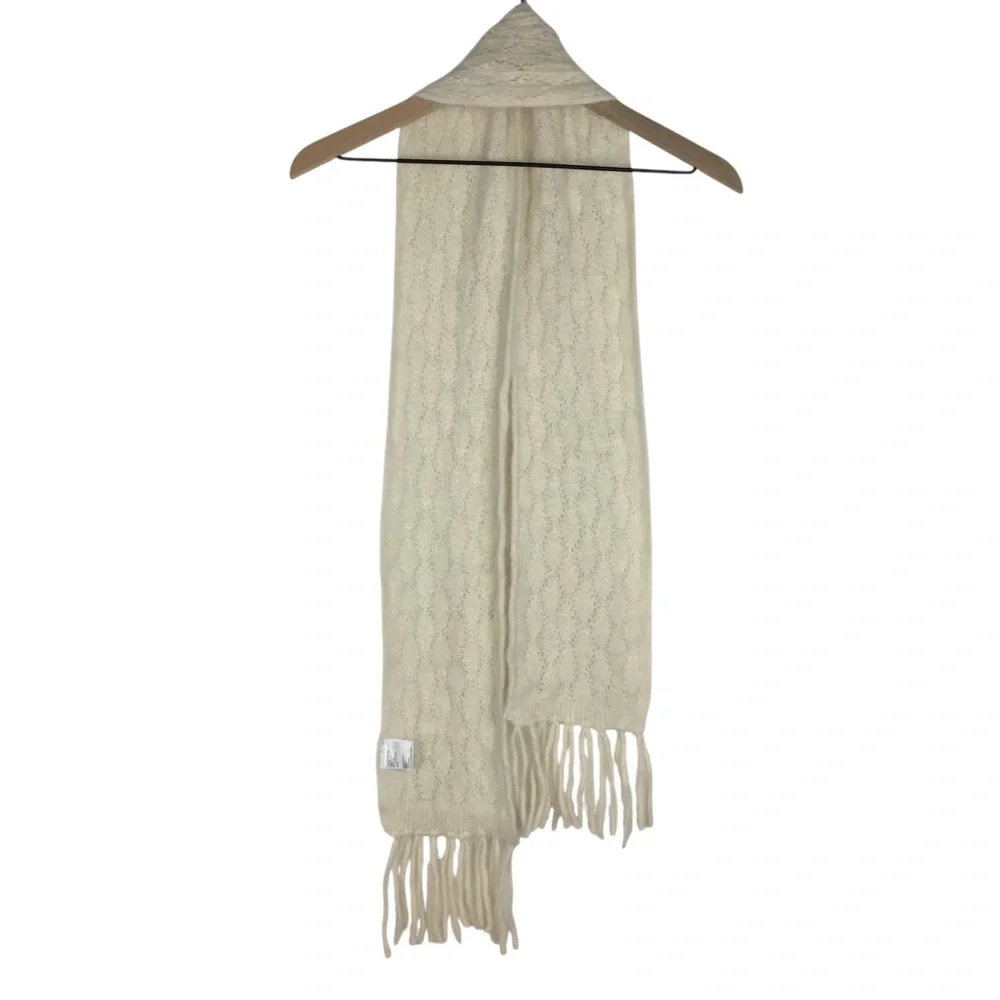 ANGORA Rabbit Hair Wool Blend Scarf Fresh Ivory Fringe Neutral Coastal Grandma
